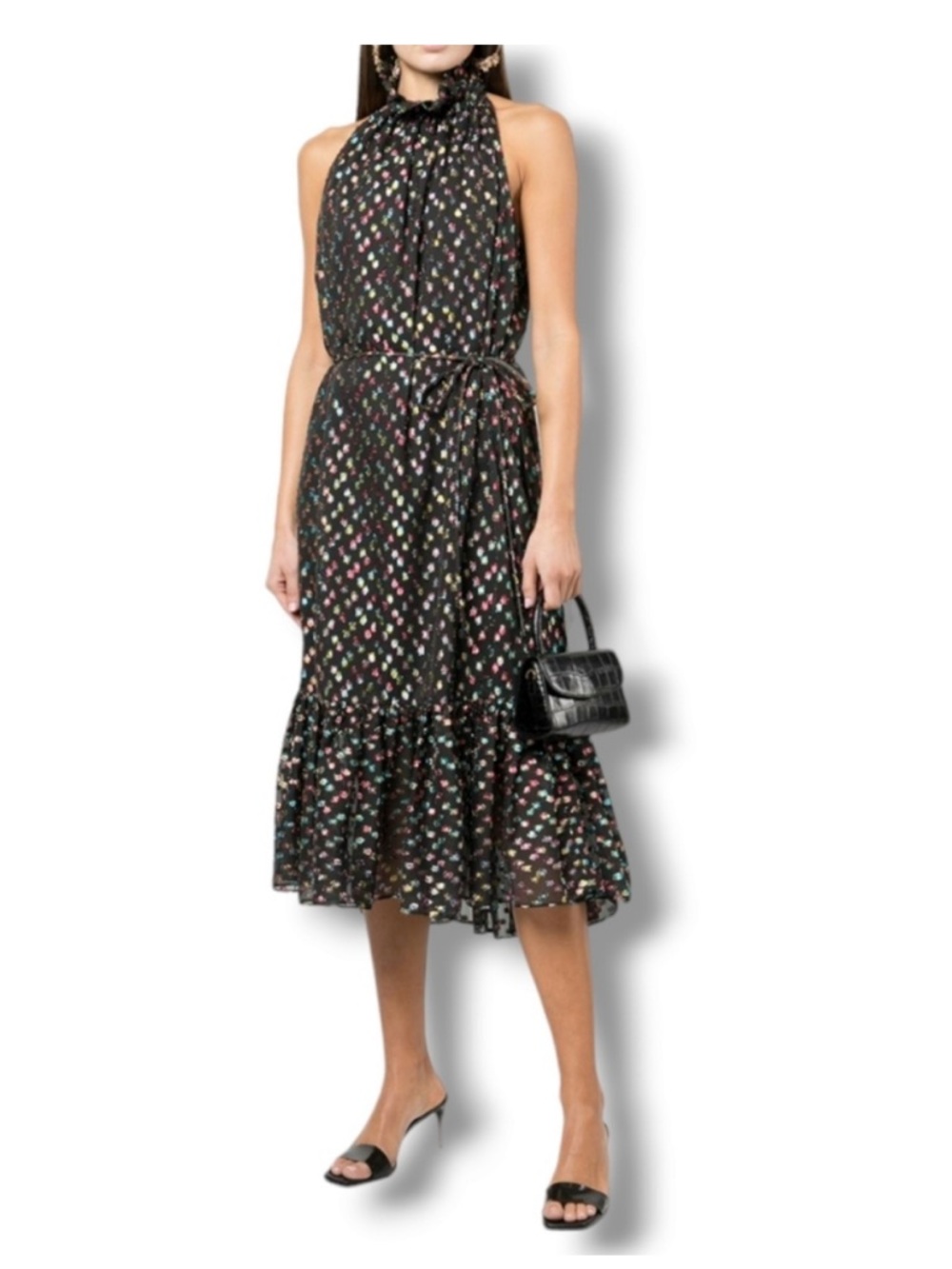 Misa Los Angeles Winona Rainbow Metallic Clip Dot Halter Dress XS
